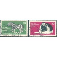 ALEMANHA (DDR) - Y-538/539 - 1961 - FAUNA - CENTENÁRIO DO JARDIM ZOOLÓGICO DE BERLIN - ZEBRAS E MACACOS - SÉRIE 2 SELOS USADOS