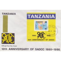TANZÂNIA - 1990 - FDC - 10º ANIVERSÁRIO DA SADCC: CONFERÊNCIA PARA A COODERNAÇÃO E DESENVOLVIMENTO NA ÁFRICA DO SUL - MAPA DO SUL DA ÁFRICA - BLOCO SOBRE FDC - YT-BL-099