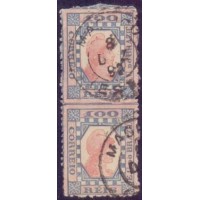 R-079N - 1891 - TINTUREIRO - 100 RÉIS - QUADRO AZUL NO VERSO - PAR VERTICAL - CARIMBADO MACAÉ (RJ) - CHARNEIRA REFORÇADO O PICOTE CENTRAL - MUITO LIMPO E LINDO - RHM R$ 750,00 (150 UFS X R$ 5,00)