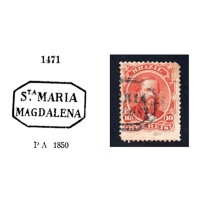 I-23 - 1866 - DOM PEDRO DOM PEDRO COM “STA MARIA DE MAGDALENA” EM AZUL - SELO ISOLADO DE 10 RÉIS, DENTEADO E COM CARIMBO NA COR AZUL “STA MARIA DE MAGDALENA"