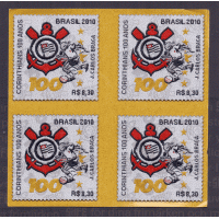 C-3028 - 2010 - MINT - CENTENÁRIO DO S.C. CORINTHIANS - QUADRA 4 SELOS ADESIVOS DE TECIDO PAPEL AMARELO - RHM R$ 160,00 (32 UFS X R$ 5,00)