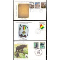 BOLÍVIA - ÁLBUM CONTENDO 3 FDCs - FAUNA (WWF) / MAPA / ARQUITETURA