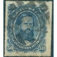 I-32 - 1876 - DOM PEDRO II - PERCÉ - 50 RÉIS - AZUL - CARIMBO MUDO - MARCAS DE CHARNEIRA