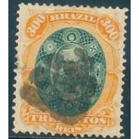 I-47 - 1878 - DOM PEDRO II - AURIVERDE - 300 RÉIS - VERDE/AMARELO - CARIMBO MUDO - MARCA DE CHARNEIRA