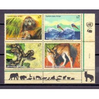ONU NEW VIENA - Y 307/10 (1999) - ANIMAIS EM EXTINÇÃO - ORANGO, PELICANO, ANACONDA, CHACAL - SÉRIE 4 SELOS MINT SE-TENANT EM QUADRA