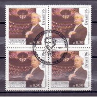 C-2006 -1996 - CENTENÁRIO DA MORTE DE ANTONIO CARLOS GOMES- RETRATO E INTERIOR DO TEATRO - QUADRA - CARIMBO CBC - GOMADA - RHM R$ 50,00 (10 UFs X 5,00)