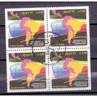 C-2046-1997 - INTEGRAÇÃO DOS MERCOSUL PELAS COMUNICAÇÕES - 25 ANOS TELEB´RAS - MAPA DA AMÉRICA DO SUL COM DESTAQUE PARA O BRASIL, URUGUAI, PARAGUAI - QUADRA - CARIMBO CBC - GOMADA - RHM 18 UFS