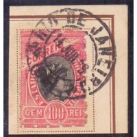 R-084 - MADRUGADA REPUBLICANA - 100 RÉIS - ROSA E PRETO - DENTEAÇÃO GROSSA CARIMBO RIO DE JANEIRO 14/06/1889 - FRAGMENTO BILHETE POSTAL