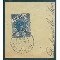 R-098 - MADRUGADA REPUBLICANA - DENTEAÇÃO 11.5 - 200 RÉIS - AZUL E SEM LINHA - SELO SOBRE FRAGMENTO COM CARIMBO DE CIRCULAÇÃO EM 06 DE ABRIL DE 1908, MARIANA/MG - RHM R$ 15,00 ( 3 UFs X 5,00)