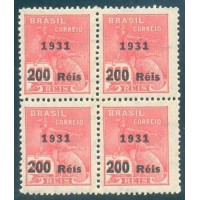 R-346 - QUADRA - NOVA - GOMADA -  MUITO BONITA - FILIGRANA "H" - EUBRASIL - 200/300 RÉIS - MERCÚRIO E GLOBO - RHM R$ 150,00 (30 UFs X R$ 5,00)