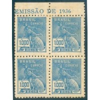 R-307- 1936/1940 - VOVÓ - FILIGRANA CORREIO BRASIL (N) - CORREINHO - 1000 RÉIS - MERCÚRIO E GLOBO - TURQUESA - QUADRA - NOVA - SEM GOMA - CHARNEIRA - RHM R$ 450,00 ( 90 UFs X R$ 5,00)