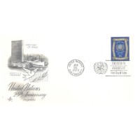 ONU NEW YORK - 1970 - 25º ANIVERSÁRIO DA ONU - 25c AZUL E DOURADO - EMBLEMA DA ONU E OS DIZERES PAZ E PROGRESSO - Y 0204