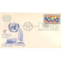 ONU NEW YORK - 1964 - SÉRIE CORRENTE 2c AZUL E LARANJA MUNDO ESTILIZADO - IMPRESSO NO BILHETE POSTAL COM CARIMBO DE 1º DIA - Y 0121