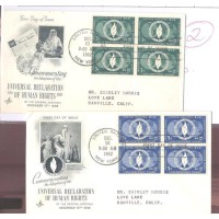 ONU NEW YORK - 1952 - FDC - 4º ANIVERSÁRIO DA DECLARAÇÃO UNIVERSAL DOS DIREITOS DO HOMEM - CHAMA SÍMBOLO - 2 QUADRAS DOS DIREITOS DO HOMEM - CHAMA SÍMBOLO - QUADRAS UMA COM O SELO DE 3c VERDE - Y 0013/14