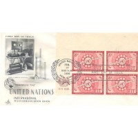 ONU NEW YORK - 1956 - FDC - UNIÃO INTERNACIONAL DAS TELECOMUNICAÇÕES - SÍMBOLO DAS TELECOMUNICAÇÕES - SELO DE 8c VERMELHO EM QUADRA SOBRE FDC ILUSTRADO