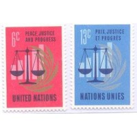 ONU NEW YORK - 1970 - MINT - 25º ANIVERSÁRIO DA ONU - BALANÇA DA JUSTIÇA E RAMO DE OLIVEIRA - SÉRIE 2 SELOS - Y 0206/207