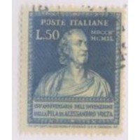 ITÁLIA - 1949 - 150 º ANIVERSÁRIO DA INVENÇÃO DA 1ª PILHA ELÉTRICA POR ALESSANDRO VOLTA - 5 L AZUL BUSTO - SELO USADO - Y 550 