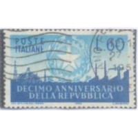 ITÁLIA - 1956 - 10º ANIVERSÁRIO DA REPUBLICA - 60 LIBRAS AZUL - SELO USADO - Y 727 