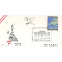 ÁUSTRIA - 1978 - MINI EDITAL E FDC EUROPA ANEXO - 3ª CONFERÊNCIA INTERPARLAMENTAR SOBRE A COOPERAÇÃO E A SEGURANÇA EUROPÉIA EM VIENA 4s MARROM, AZUL E VERDE - MAPA DA EUROPA E PALÁCIO - 1403