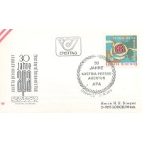 ÁUSTRIA - 1976 - MINI EDITAL E FDC TELECOMUNICAÇÃO - 30º ANIVERSÁRIO DA AGÊNCIA DE IMPRENSA AUSTRÍACA - MAPA - 1s 50 COLORIDO EMBLEMA E TIRA DE TELEX - SOBRE MINI EDITAL E SOBRE FDC ILUSTRADO - Y 1361