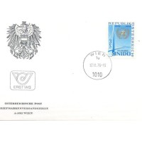 ÁUSTRIA - 1976 - MINI EDITAL E FDC DA PAZ - 10º ANIVERSÁRIO DA O.N.U.D.I. ORGANIZAÇÃO DAS NAÇÕES UNIDAS PARA O DESENVOLVIMENTO INDUSTRIAL 3s AZUL E DOURADO - Y 1362