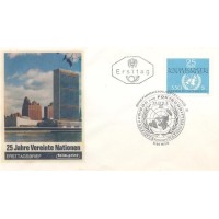 ÁUSTRIA - 1970 - MINI EDITAL E FDC PAZ - 25º ANIVERSÁRIO DA ONU - 3s 50 AZUL CLARO E PRETO - EMBLEMA DA ONU - SOBRE MINI EDITAL E TAMBÉM SOBRE FDC ILUSTRADO E C/ CARIMBO DE 1º DOA - Y 1176