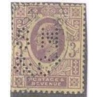 INGLATERRA - 1902-10 - REI EDUARDO VII - 3 p. MARROM LILÁS SOBRE AMARELO - SELO USADO C/ PERFINS DE UMA SÉRIE DE 16 SELOS - Y 111