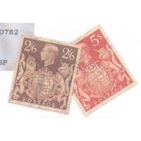 INGLATERRA - 1939 - GEORGE VI - USADO - 2/6 MARROM E 5 s. VERMELHO CARMINADO COM PERFIM - 2 SELOS - Y 224/225