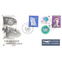 ONU GENEVE - 1969 - FDC - SÉRIE CORRENTE - 5c COLORIDO - 20c ROSA E VERDE - 50c AZUL - 1f VERDE - 4 SELOS DA PRIMEIRA SÉRIE EMITIDA SOBRE FDC ILUSTRADO - Y 001+003+005+011