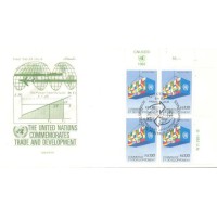 ONU GENEVE - 1983 - COMÉRCIO E DESENVOLVIMENTO 80c MOEDAS E ENGRENAGENS 1f.10 SÍMBOLO DA EXPORTAÇÃO INTERNACIONAL - QUADRAS SOBRE FDC - Y 115
