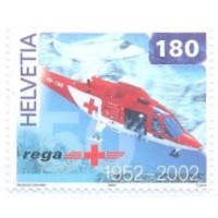 SUIÇA - 2002 - CINQUENTENÁRIO DE REGA - SELO C/ HOLOGRAMA - ATRÁS TEM UM AVIÃO ANTIGO E NA GENTE APARECE UM HELICÓPTERO MODERNO DE SOCORRO - Y 1709