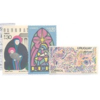URUGUAY - 1975 - NATAL - PINTURA VITRAL, NOSSA SENHORA FOGOS DE ARTIFÍCIO - 3 SELOS - MINT