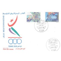 ALGERIA - 2001 - FDC - ESPORTE - 50º ANIVERSÁRIO DOS JOGOS MEDITERRÂNEOS - COMPOSIÇÃO C/ O NÚMERO 50 E COMPOSIÇÃO C/ ATLETAS - SÉRIE 2 SELOS SOBRE FDC