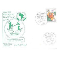 ALGERIA - 1999 - FDC - 30º ANIVERSÁRIO DA CONVENÇÃO DA ORGANIZAÇÃO DA UNIÃO AFRICANA SOBRE OS REFUGIADOS SILHUETA DE REFUGIADOS SOB MÃOS E SOBRE MAPA - Y 1204