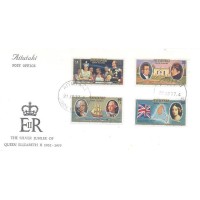 AITUTALI - 1977 - FDC - REALEZA - 25º ANIVERSÁRIO DA ASCENSÃO AO TRONO DE SUA MAJESTADE A RAINHA ELIZABETH II - SÉRIE 4 SELOS OSBRE FDC OFICIAL ILUSTRADO E BLOCO SOBRE FDC - Y 0201/204+BL-15