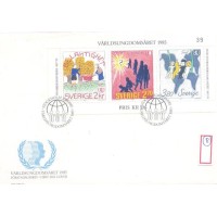 SUÉCIA - 1985 - FDC - ANO INTERNACIONAL DA JUVENTUDE - DESENHOS DE JOVENS - BLOCO DE 3 SELOS - Y BL-13