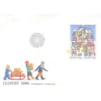 SUÉCIA - 1986 - FDC - SELOS PARA A CORRESPONDÊNCIA DE NATAL - UMA CIDADE NA ÉPOCA DAS FESTAS - SÉRIE 4 SELOS EMITIDOS EM SE-TENANT - QUADRA - Y 1391/1394