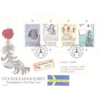 SUÉCIA - 1984 - FDC - STOCKOLMIA 86 EXPO FILATÉLICA - AS CARTAS - SÉRIE 4 SELOS EM SE-TENANT HORIZONTAL - ENVELOPE CIRCULADO DA SUÉCIA - Y 1270/1273