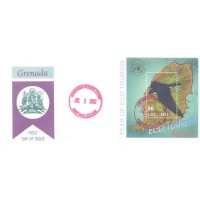 GRENADA - 2002 - FDC - TURISMO/AVE/MAPA: ANO MUNDIAL DO ECO TURISMO - AVE SOBREVOANDO O MAPA DA ILHA - BLOCO SOBRE FDC ILUSTRADO