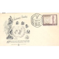 ARGENTINA - 1959 - FDC - ANIVERSÁRIO DA DECLARAÇÃO UNIVERSAL DOS DIREITOS DO HOMEM 40c ESTÁTUA DE MICHELANGELO: A ESCRAVA - SOBRE FDC ILUSTRADO - Y 0595