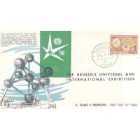 ST TOME E PRÍNCIPE - 1958 - FDC - EXPOSIÇÃO INTERNACIONAL DE BRUXELLAS - 2e 50 COLORIDO GLOBO TERRESTRE BRASÃO DE ST. TOMÉ E EMBLEMA DA EXPOSIÇÃO SOBRE FDC ILUSTRADO - Y 0373