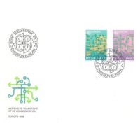 SUIÇA - 1988 - FDC - TEMA EUROPA: TRANSPORTE E COMUNICAÇÃO - MAPA E SETAS INDICATIVAS DE PERCURSOS E MARCAÇÃO DE ESTAÇÕES - Y 1298/1299