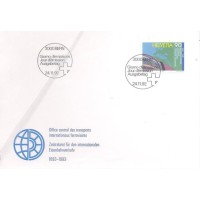 SUIÇA - FDC - CENTENÁRIO DO OFÍCIO CENTRAL DE TRANSPORTES FERROVIÁRIOS - 90c MAPA DA EUROPA E ALTO DE UM VAGÃO - SOBRE FDC C/ SÍMBOLO E LEGENDAS 