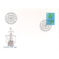 SUIÇA - 1992 - FDC - TEMA EUROPA: 500º ANIVERSÁRIO DO DESCOBRIMENTO DA AMÉRICA - 50c AZUL, LARANJA E VERDE - CARAVELA - SANTA MARIA - Y 1393