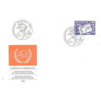 SUIÇA - 1989 - FDC - UNIÃO POSTAL UNIVERSAL - ATIVIDADES POSTAIS - 140c ENVELOPE DE CARTA COM MAPA MUNDI - O SERVIÇO POSTAL RÁPIDO -SOBRE FDC ILUSTRADO - Y 467
