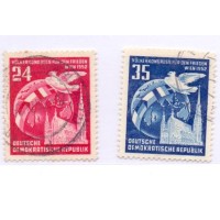 ALEMANHA DDR - 1953 - USADO - CONGRESSO DOS POVOS PELA PAZ EM VIENA - ALEGORIA COM CATEDRAL DE STO. ETIENNE EM VIENA - GLOBO TERRESTRE E POMBA DA PAZ - SÉRIE 2 SELOS - YT-76/77