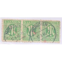 ALEMANHA BIZONA - 1945-46 - SÉRIE CORRENTE 5p VERDE AMARELADO - TRINCA DE SELOS - USADO C/ NOME DA CIDADE: MUNCHEM E DATA COMPLETA - YT-04