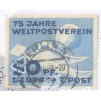 ALEMANHA DDR - 1949 - USADO - 75º ANIVERSÁRIO DA UPU - 50p AZUL E AZUL ESCURO - POMBO E GLOBO TERRESTRE - YT-0059 