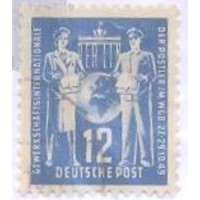 ALEMANHA DDR - 1949 - USADO - DIA DO SINDICATO DOS CARTEIROS 12p AZUL CARTEIRO, GLOBO TERRESTRE E CARTEIRA - YT-0061 