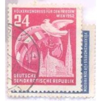 ALEMANHA DDR - 1952 - USADO - CONGRESSO DOS POVOS PELA PAZ - POMBA DA PAZ SOBRE GLOBO E BANDEIRAS SOBRE CATEDRAL DE ST ETIENNE - SÉRIE 2 SELOS - YT-0076/77